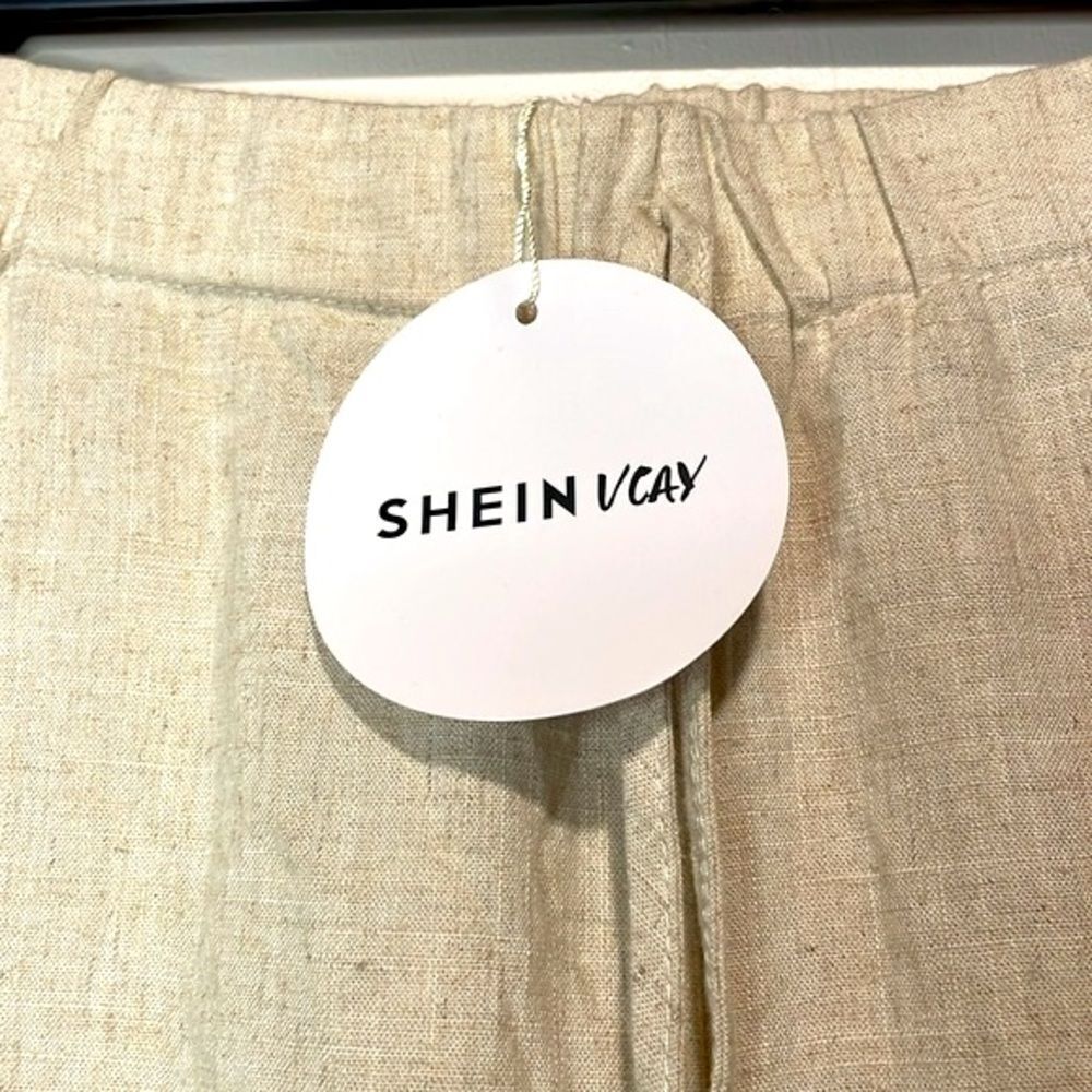 SHEIN- NWT Linen Blend Vcay Wide Leg Full Side Slit Beach Vacation Pants Size L - Picture 4 of 7